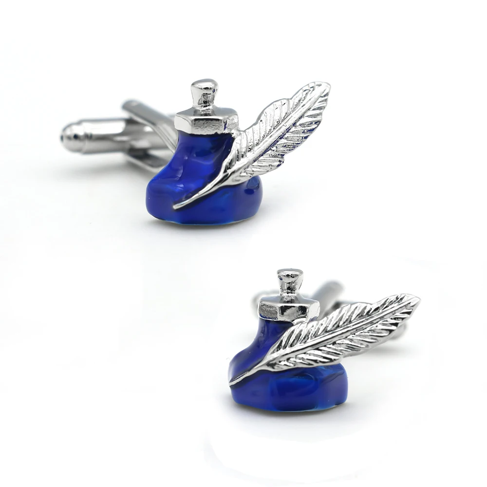 Men's Ink Bottle Cuff Links Blue Color Feather Design Quality Copper Material Fashion Cufflinks Wholesale & Retail