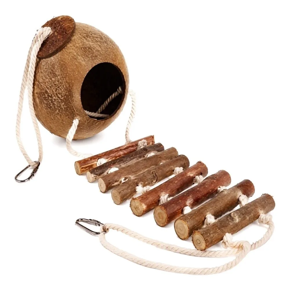 With Rope Ladder Pet Parrot House Coconut Shell Material Pure Hideout Pure Reptile Hideout Hanging Design Coconut Shell Hut