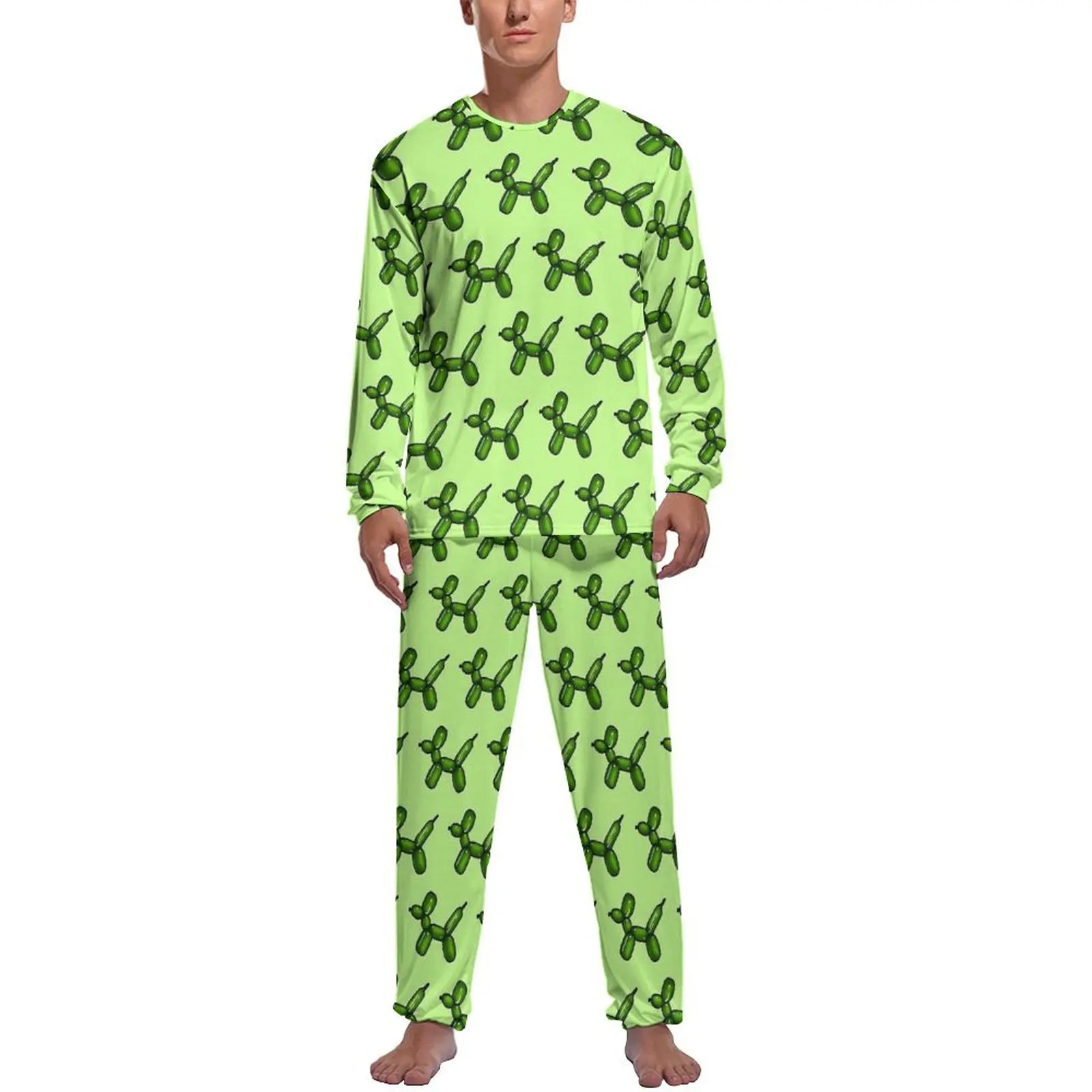 Green Balloon Dogs Pajamas Mens Animal Retro Sleepwear Winter Long Sleeve 2 Pieces Night Custom Pajama Sets