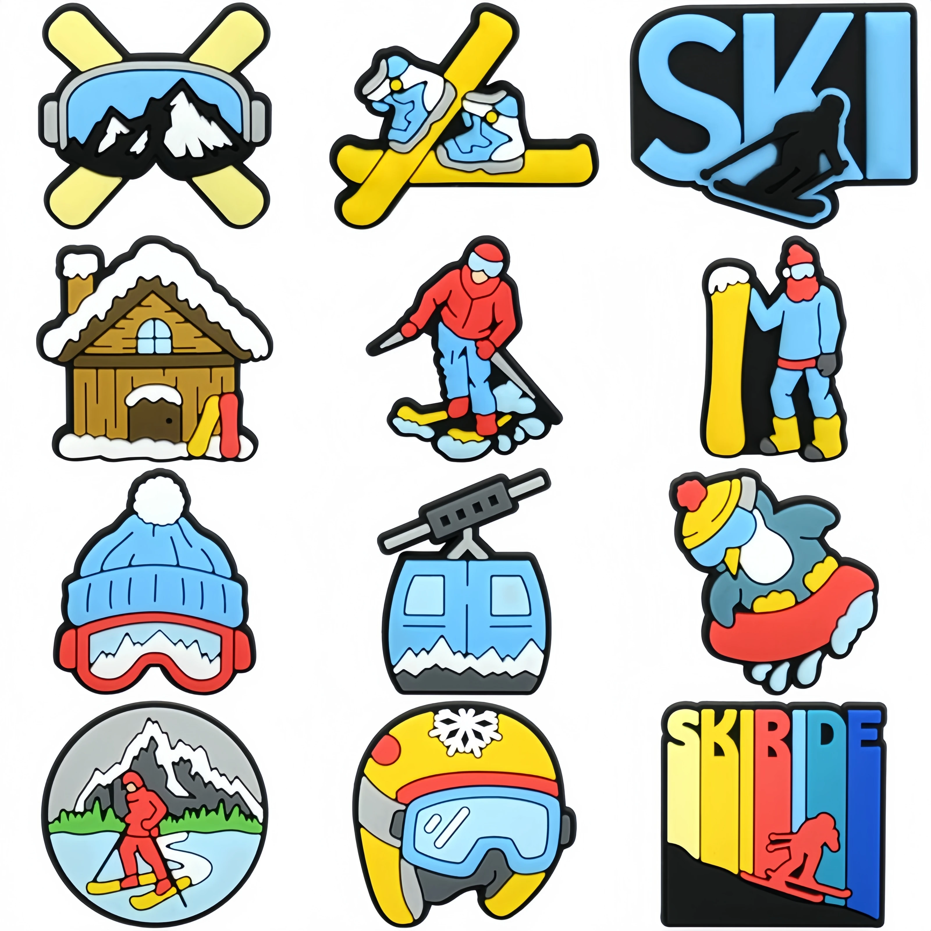 12-Pack Winter Skiing PVC Soft Rubber Shoe Charms - Snow Sports Clog Decor for Sandals & Beach Bags