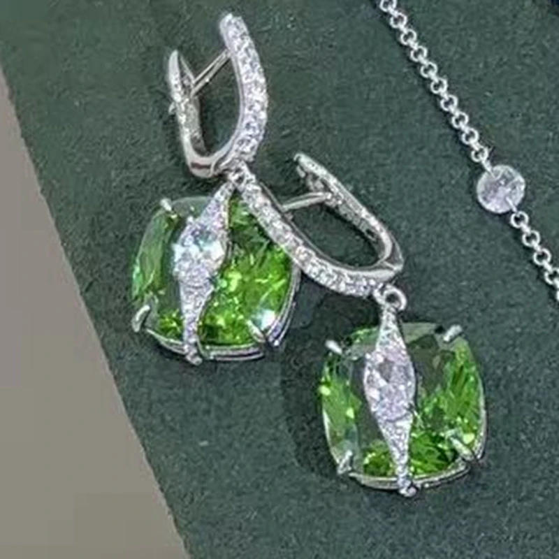 KQDANCE 925 Silver Cushion Cut Sapphire Blue Red Green Crystal Gemstone Necklace Earrings Rings Women Wedding Party Jewelry Set view 4