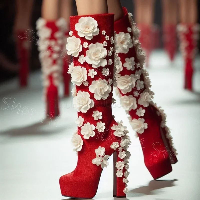 

White Appliques Red Round Toe Platform Boots Side Zipper Women Shoes Chunky High Heels Party Banquet 2025 Zapatos Para Mujere