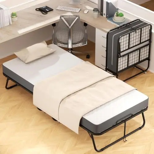 75” x 31” Folding Bed with Mattress, Portable Rollaway Bed, Space-Saving Sturdy Metal Frame, Fold up Bed with 5