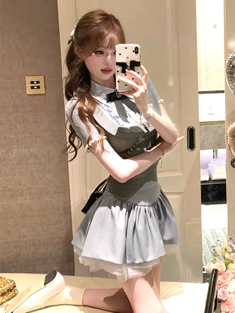 Preppy Style Grey 2 Piece Set Summer Women Korean Fashion Y2k Crop Tops High Waist Kawaii Slim Mini Skirt Hot Girls 2000s