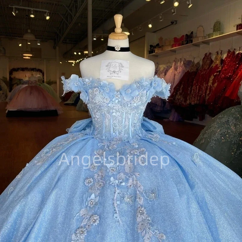 Angelsbridep Blingbling Tulle 3D Flora Sky Blue Ball Gown 15 Quinceanera Dresses Brithday Prom Party Vestidos De Fiesta