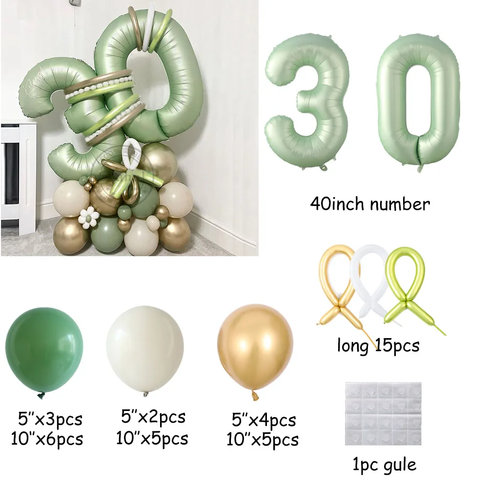 1SET Vintage Avocado Green Balloon 40inch Olive Green Number Balloon 18 30 40 50 Year Adult Birthday Party Wedding Baby Shower