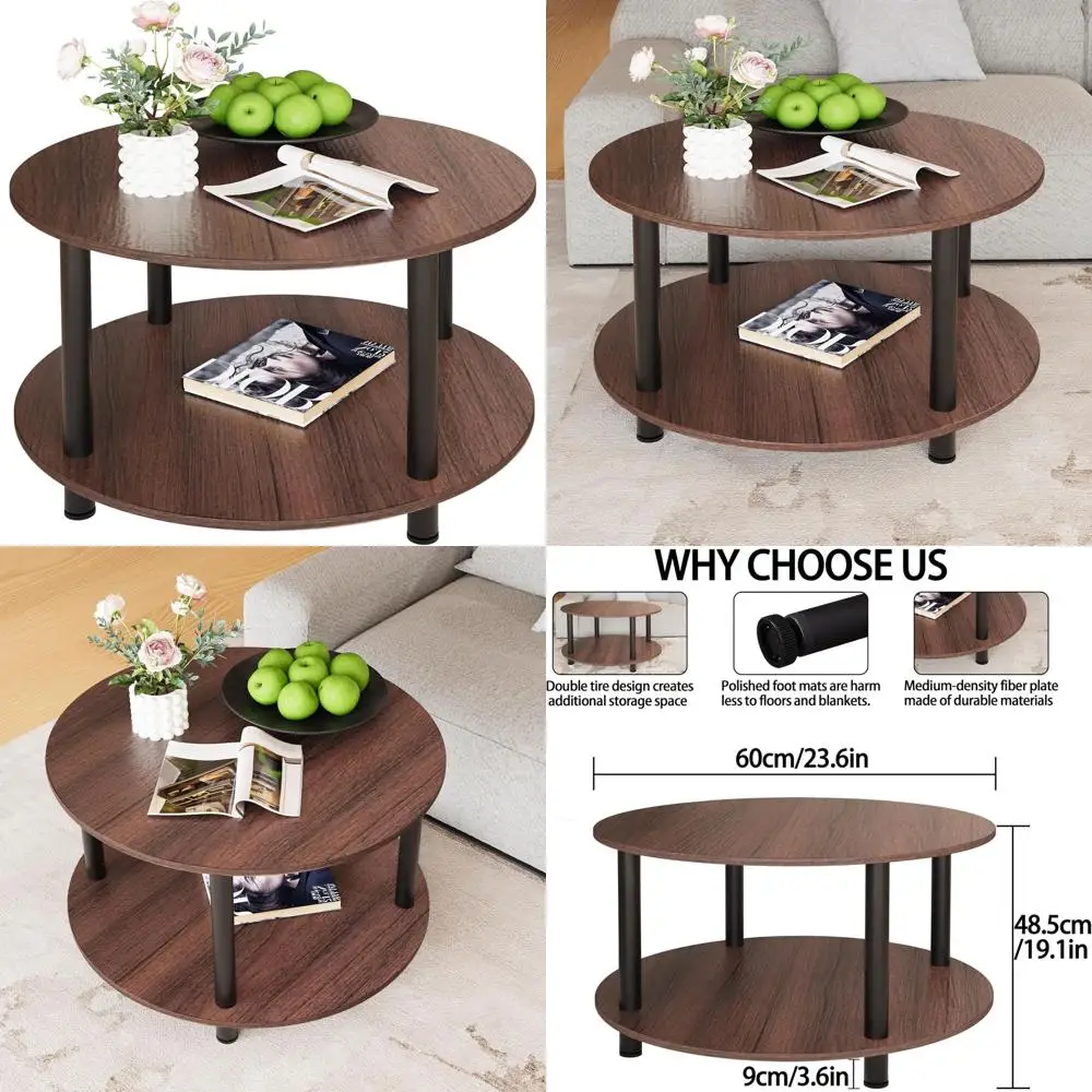 

23.6 Walnut 2-Tier Round Coffee Table with Storage for Living Room, Office, or Small Spaces