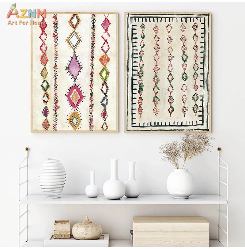 AZNM Boho Tribal Geometric Canvas Wall Art Ethnic Diamond Pattern Print Unframed Canvas Painting Bohemian Living Room Decor