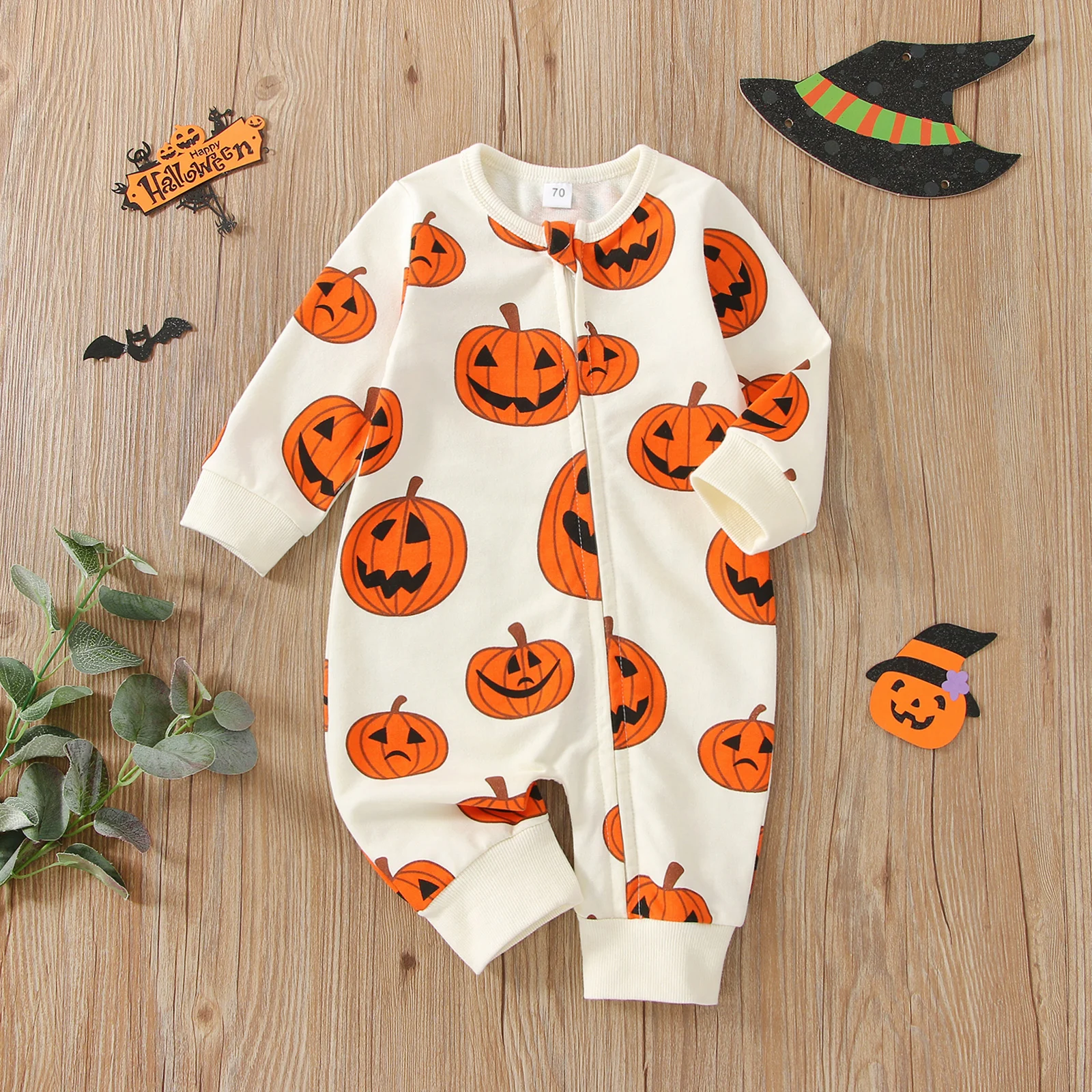 2022-07-05 Lioraitiin 0-24M Newborn Infant Baby Boy Girl Halloween Romper Long Sleeve Zipper Jumpsuit Pumkin Printed Clothing