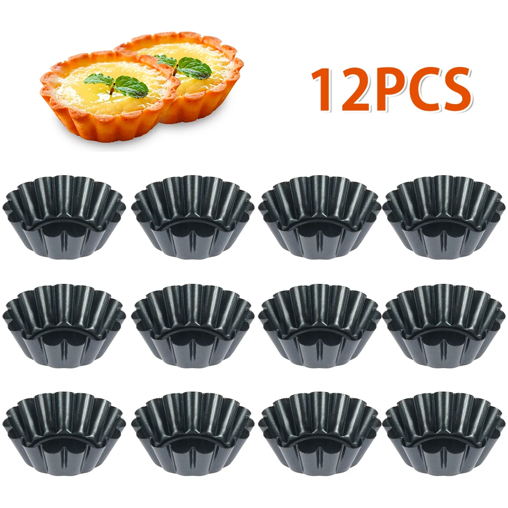 12Pcs Egg Tart Mold Reusable Carbon Steel Chrysanthemum Cupcake Cookie Pudding Mould Nonstick Cake Egg Baking Mold Pastry Tools