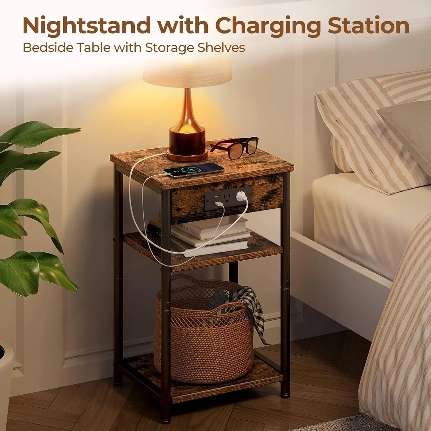 End Table with Charging Station, Night Stand with 3 Storage Shelves, Narrow Side Table with USB Ports & Power Outlets