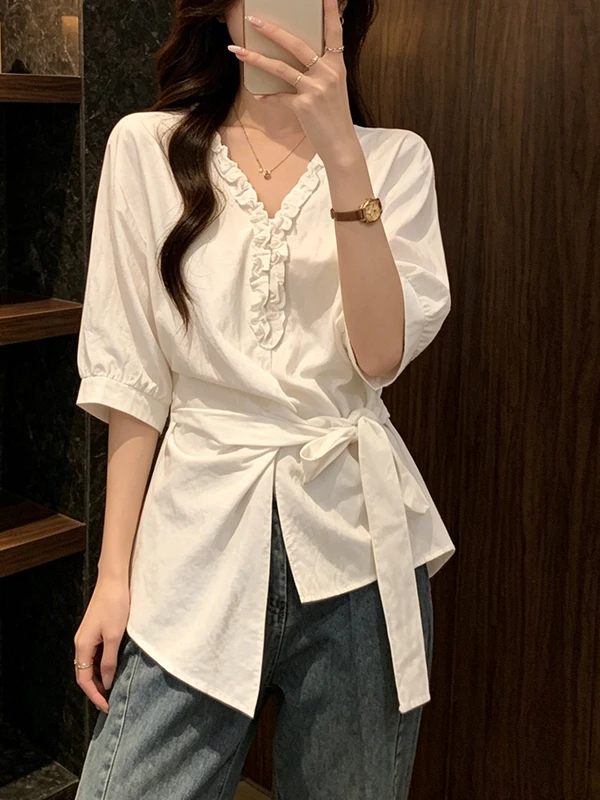 

plus Size Summer Women's Shirt Korean Style Ruffle V-Neck Waist-Cinching Short Sleeve Asymmetrical Versatile Workwear