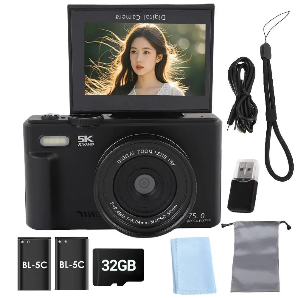 75 MP digitale camera voor fotografie 5K 18X digitale zoom Vintage Vlog videorecorder voor YouTube 180 °   Flip Screen Selfile WiFi