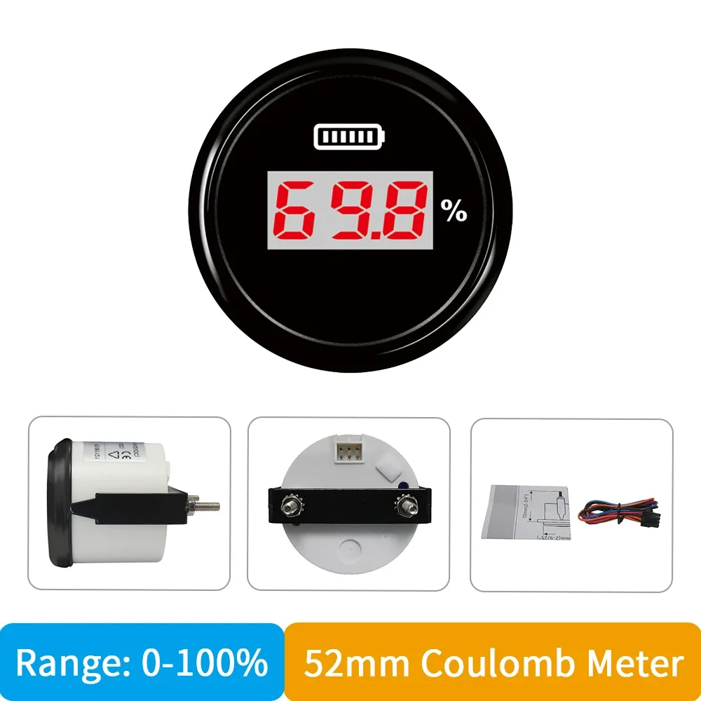 Universal Digital 52mm 0~100% Battery Capacity Meter Battery Charge Level Indicator LED Display with Red Backlight for Car Boat