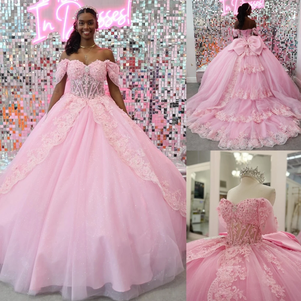 Vestido rosa para quinceañeras, vestido de fiesta de encaje con hombros descubiertos desmontable, corsé dulce 15/16, vestido de fiesta de cumpleaños personalizado