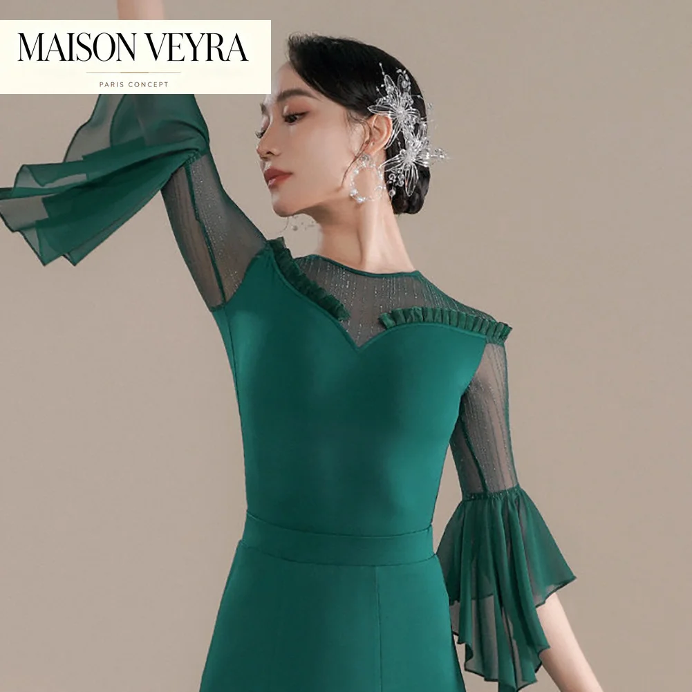 nouveau-haut-de-danse-latine-vert-a-col-rond-pour-entrainement-avec-manches-a-volants-et-combinaison-de-danse-de-salon-rose-et-noire