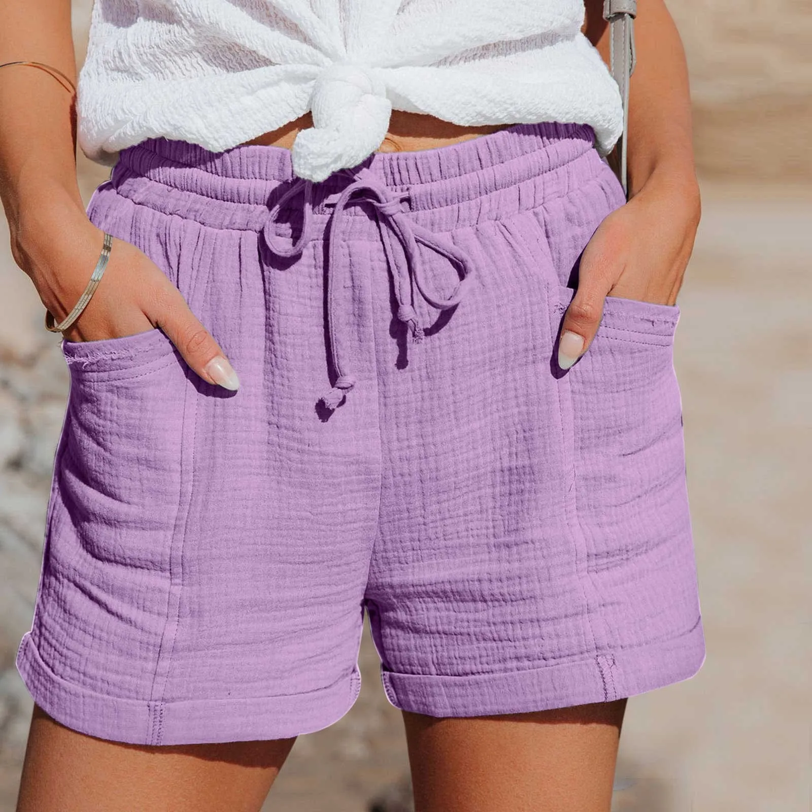 Summer Cotton Linen Shorts Women's Drawstring High Waist Short Pants With Pockets Sports Casual Basic Cortos Pantalones