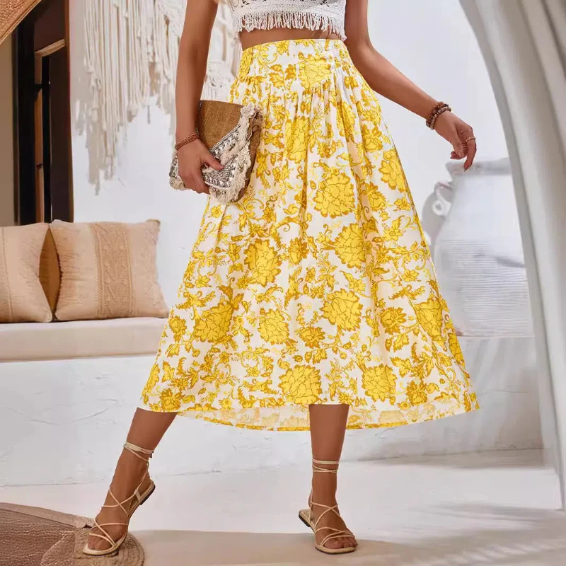 Summer Hot Selling Independently Developed Dress with Printed Casual Waist Cinching and Fresh Style Skirt