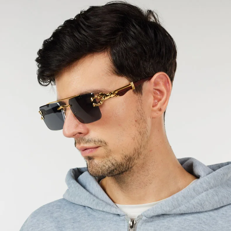Holzmaserung Sonnenbrille Damen Trendy 2024 Randlose Sonnenbrille Herren Vintage Designer Mode-Brillen Lentes De Sol Mujer Zonnebril – Detail 9