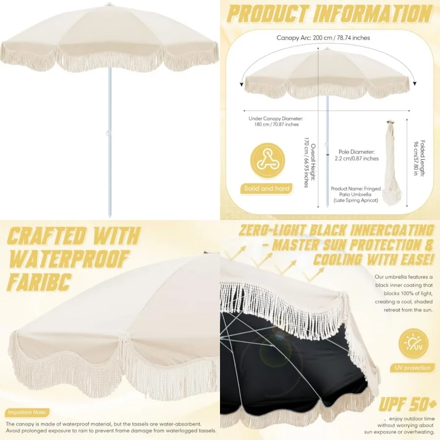 

6.5ft Patio Umbrella with Fringe, UPF 50+ UV Boho Outdoor Beach Umbrella with Carry Bag, UV Protection Sun Shade with Tassels f
