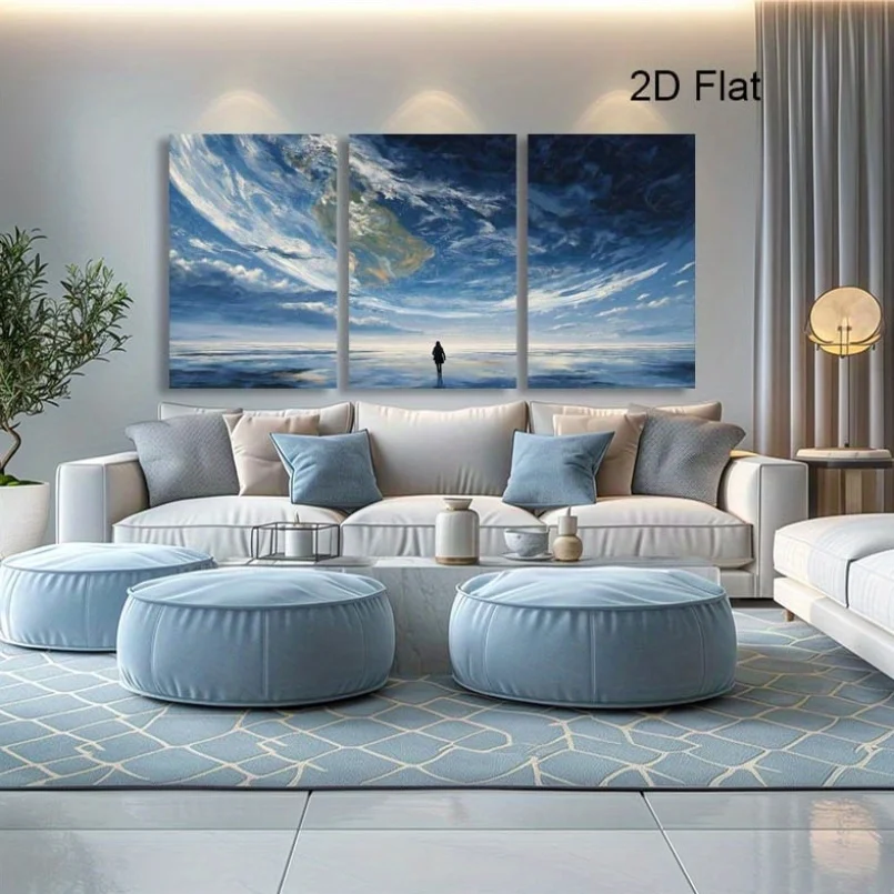 Frameless 2D Flat, 2D Flat, 2D Flat Modern Abstract Canvas Wall Art Featuring a Cosmic Theme, a Set of Three Framed Pieces Su