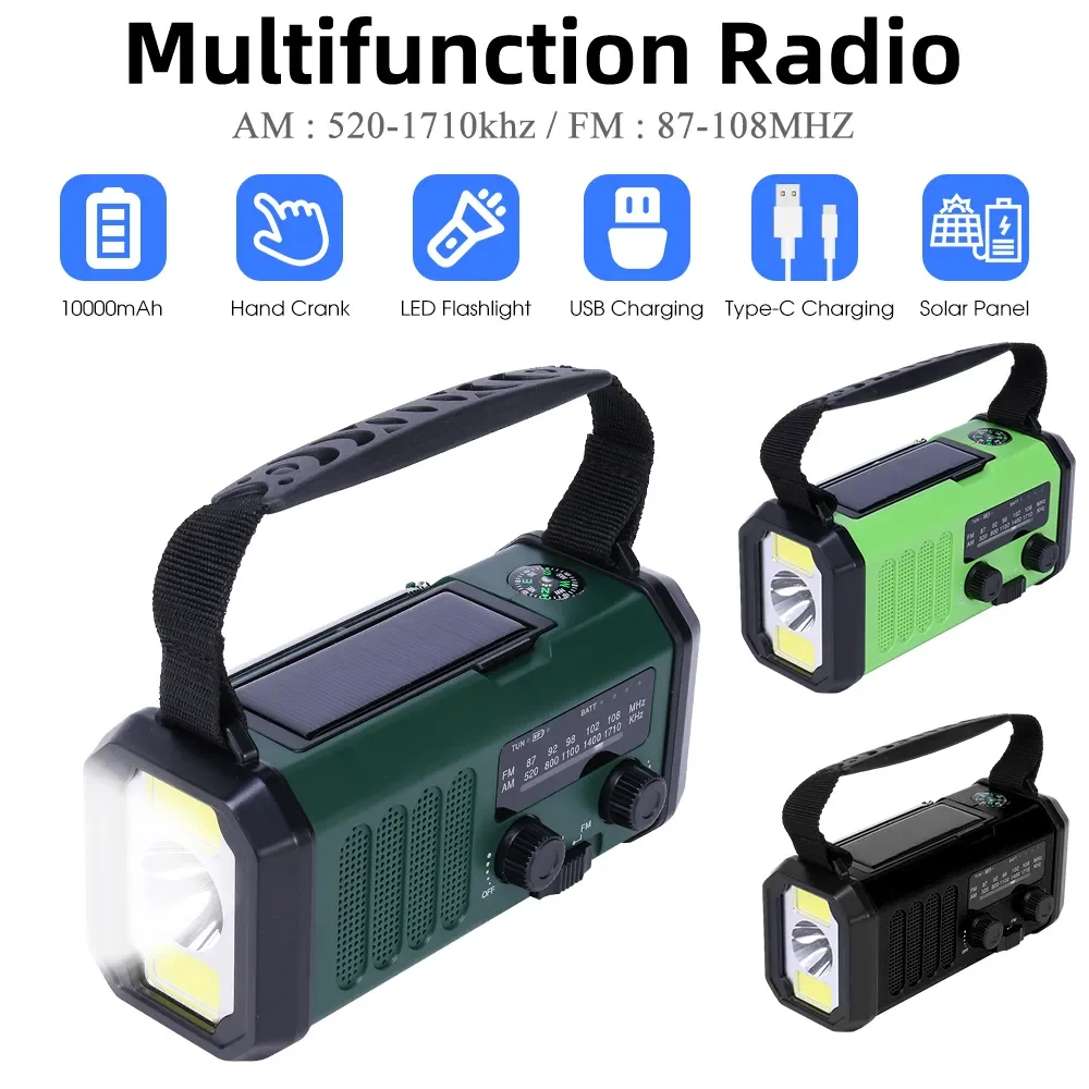 2000/10000mAh Emergency Hand Crank Radio AM/FM/NOAA Solar Power Dynamo Wind Up Phone Charger Bank SOS Pocket Flashlight Radio