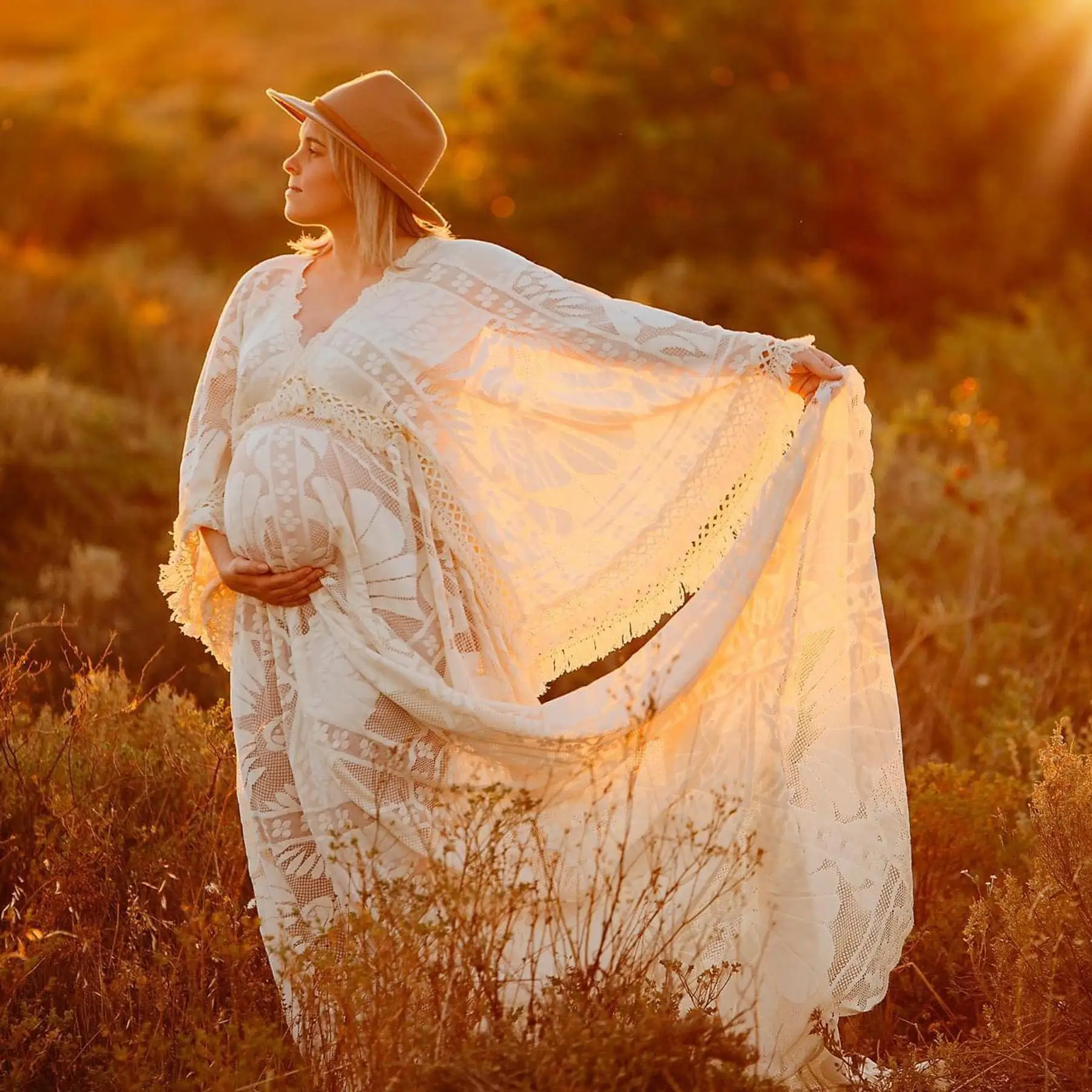 

Don&Judy Maternity Dress Photoshoot Lace Bohemian Style Long Sleeves Dress For Pregnant Woman Baby Shower Gown