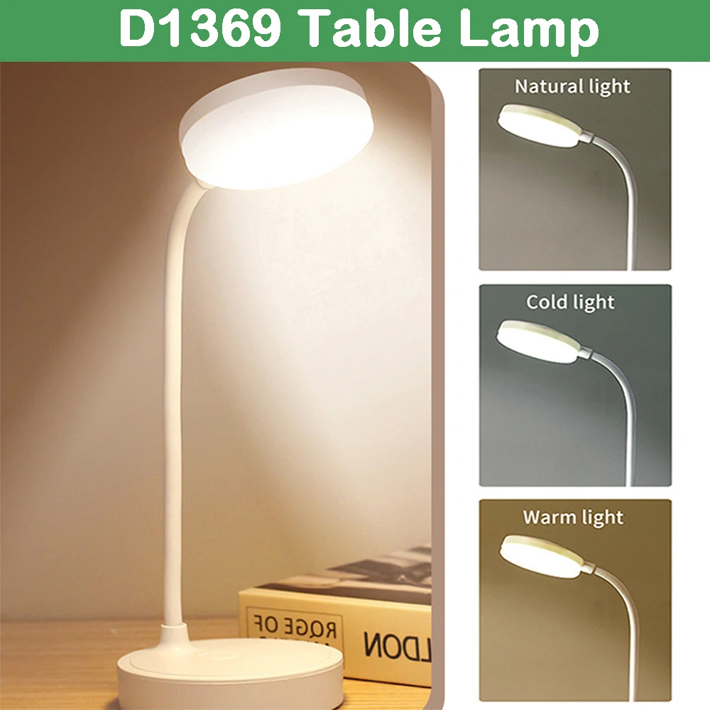 Foldable Table Lamp D1369 3 Modes Dimming USB Battery Powered LED Bedside Lamp For College Student Bedroom Reading Night Light
