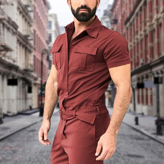 Men Jumpsuit with Belt Short Sleeves Turndown Collar Single Breasted Pockets Work Coverall Solid Color Casual Men Cargo Overalls AliExpress