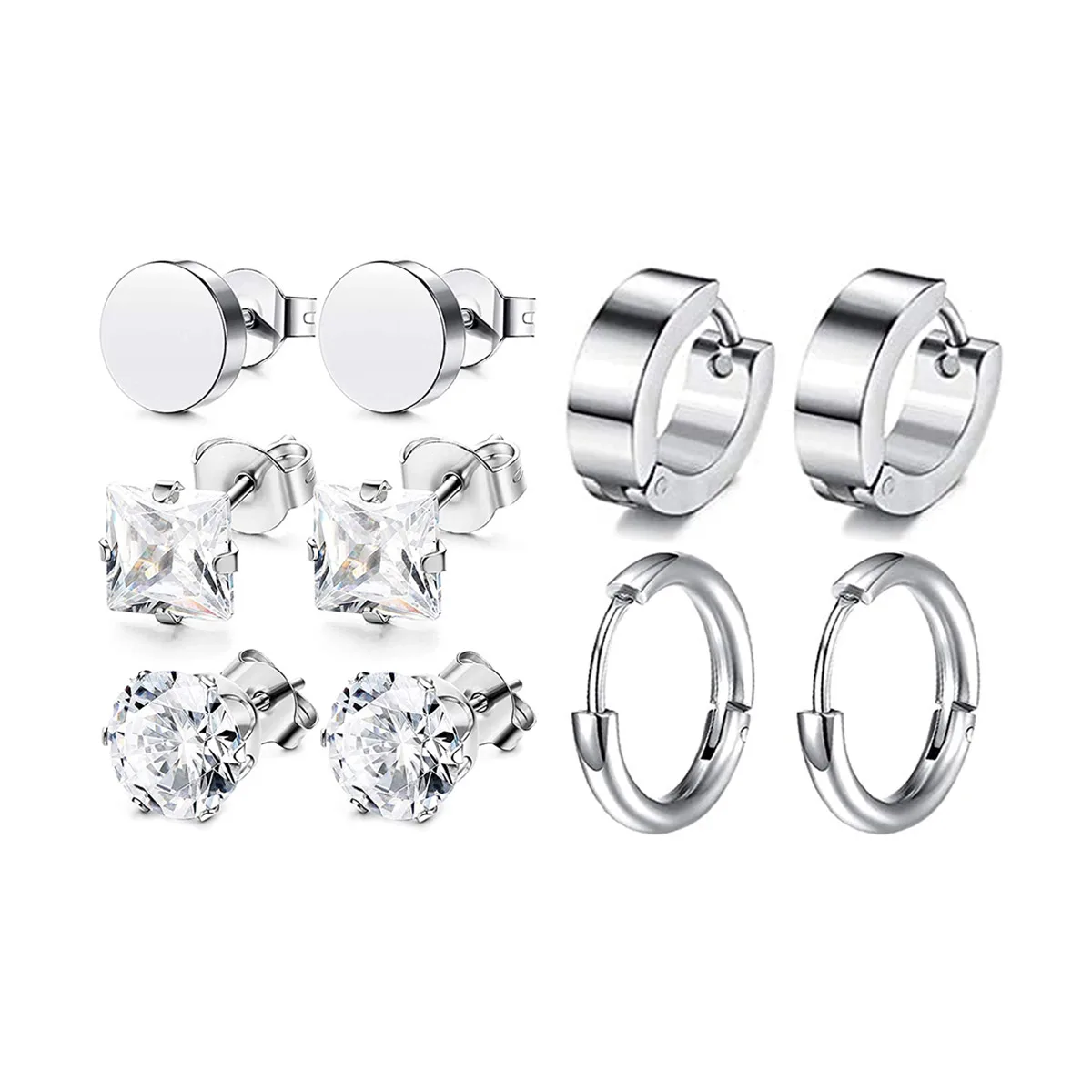 10 pairs of fashionable round zircon dumbbells for men, stainless steel earrings, personalized square micro inlaid female earrin