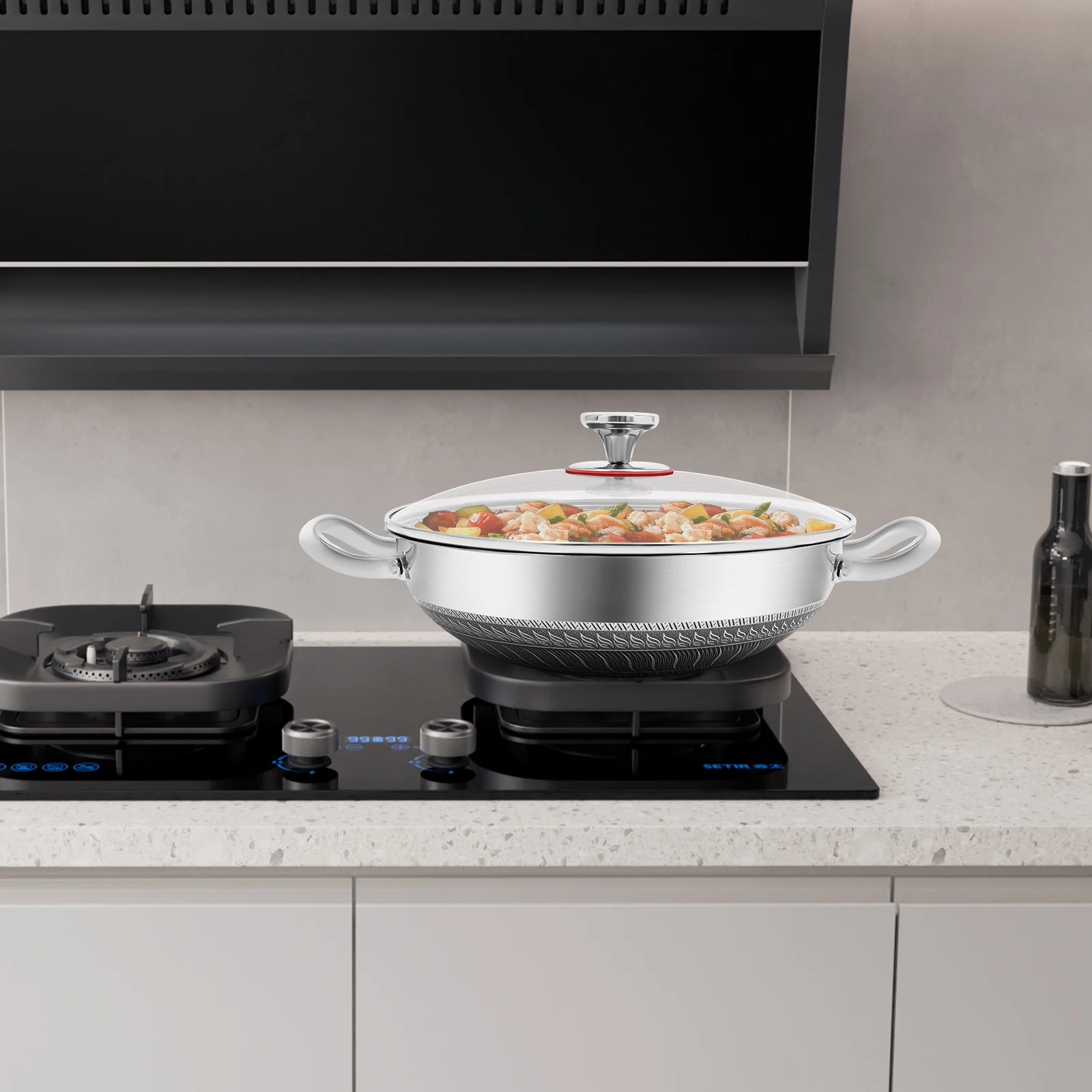 Fondue Set Electric - Padella in Acciaio Inox con Coperchio