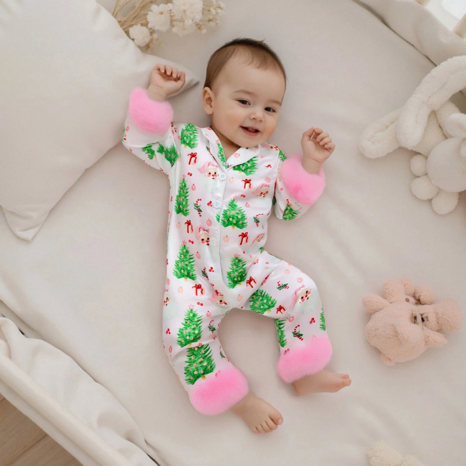 

Одежда для малышей, рождественские атласные пижамы для девочек, комбинезон с принтом Санта-Елки и плюшевыми манжетами на пуговицах с лацканами и v-образным вырезом