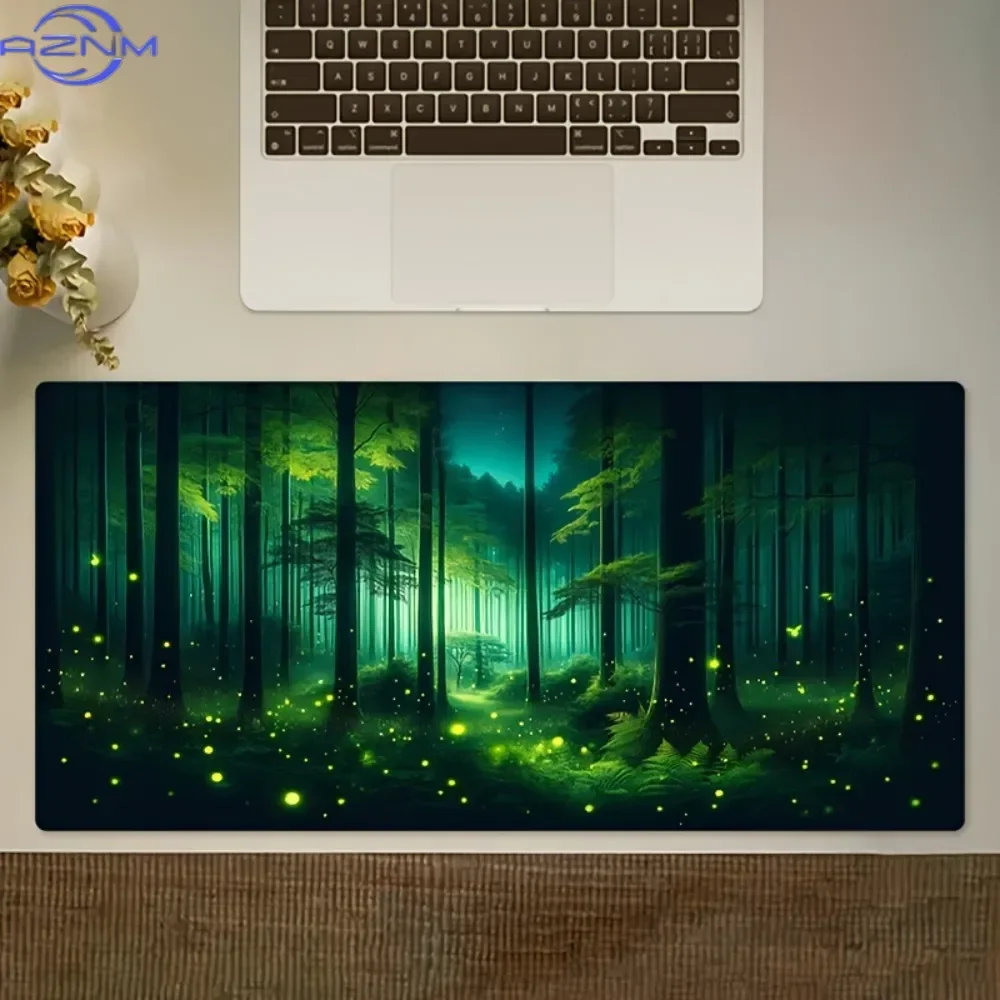 Large Mouse Pad Durable Stitched Desk Mat Anti Slip Rubber Gaming Office Table Mat Cute Forest Firefly Computer Pad