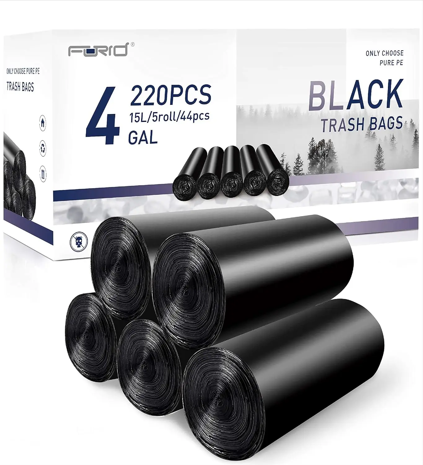 Small Black Trash Bags, 4 Gallon Garbage Bags, 220 Counts Strong Plastic Trash Can Liners 15 Liter for Kitchen Bathroom Office Waste Basket - Durable & Thick Trash Bag