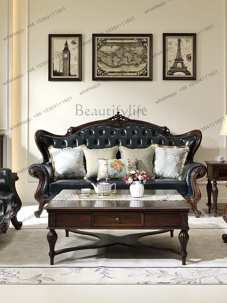 American retro rural solid wood multi-person large apartment first layer cowhide straight row sofa