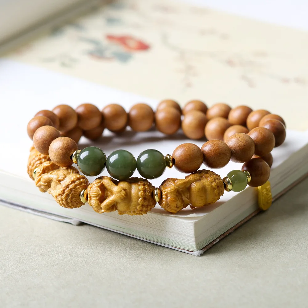 Sandalwood double-ring bracelet play four not Buddha Chinese and field jade string beckoning cat fortune fortune transfer and
