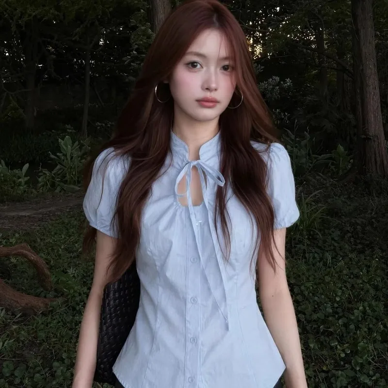 Kimotimo Women Shirt Stand Collar Hollow Out Ace Up Slim Waist Short Sleeve Blouse Korean Simple Y2k Aesthetic Button Up Tops
