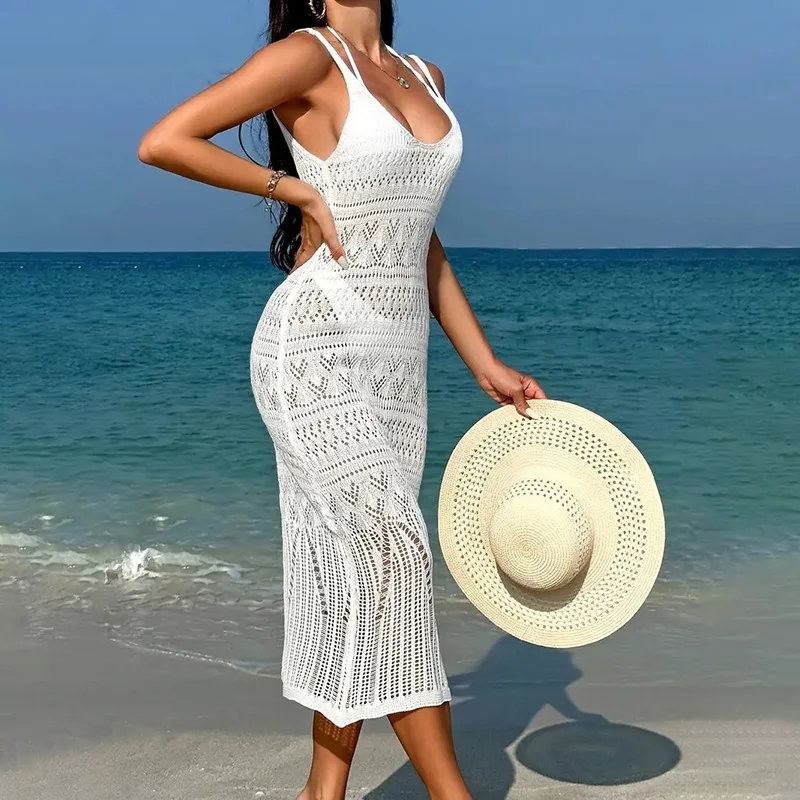 Women's Fashion Long Dress Beach Cover Up Sexy Transparent Sleeveless Knitted Gown Cross-Border European And American Style