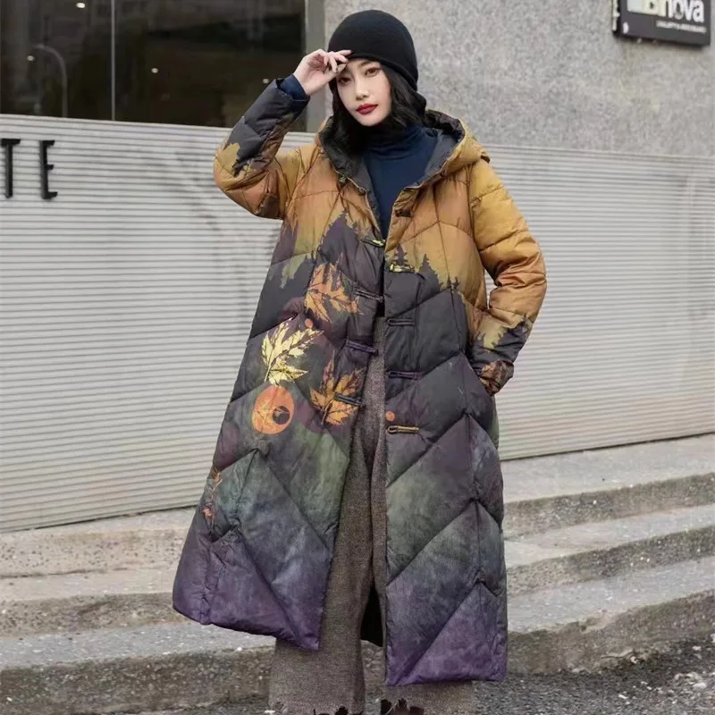 

90% White Duck Down Long Winter Jacket Women Thick Warm Hooded Down Overcoats Fashion Autumn Winter Loose Casual Print Outerwear