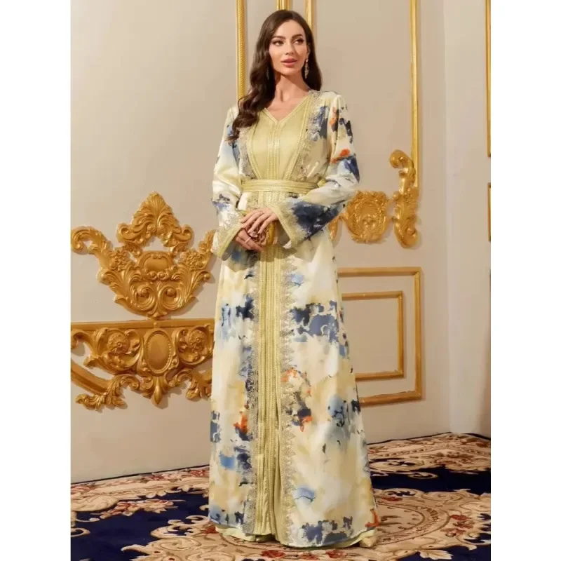 

Мусульманские комплекты, женские вечерние платья, костюм из двух предметов, длинный халат с поясом и принтом, Джалабия Ид, Марокко, Дубай, Абаяс, кафтан, Vestidos Ensemble