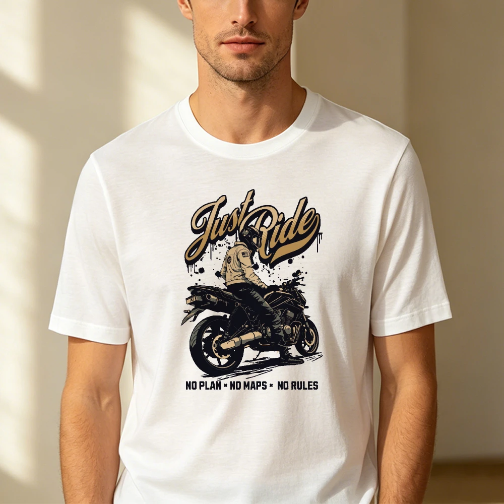 Just Ride No Plan No Maps No Rules Motorcycle Rider Graphic Men Summer T Shirt Vintage Biker Trendy Short Sleeve Basic Tee