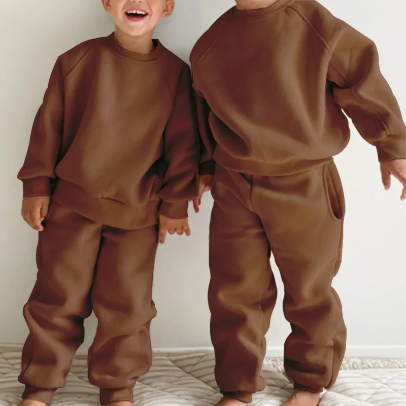 2024 Winter New Children Fleece Sports Set Boys Girls Plus Velvet Thick Sweatshirt + Sweat Pants 2pcs Suit Kids Warm Outfits