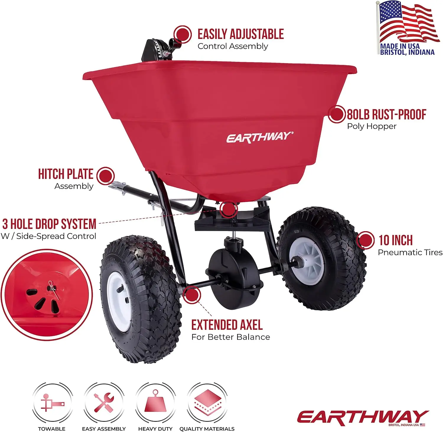 Earthway 2050Tp 80 Lb (36 Kg) Broadcast Tow Behind Estate Spreader Semi-Assembled With Pneumatic Tires, Built-In Side Spread