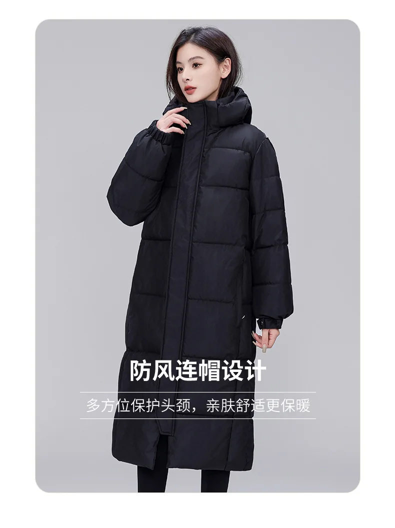 Winter Long Puffer Coat for Women Hooded Quilted Windproof Warm Zip Up Outerwear Russian Cold Weather Snow Jacket Over Knee Cozy