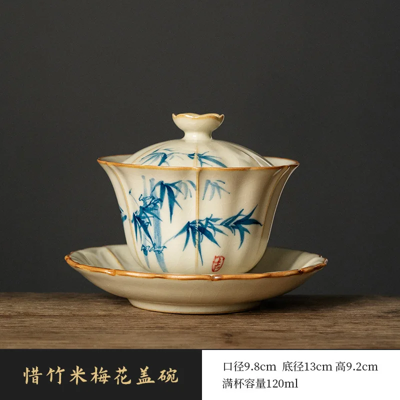 

Ru Kiln Ручная роспись Xizhu Sancai Большой противоожоговый одиночный высококачественный бытовой керамический чайный сервиз кунг-фу Чайная миска Подарочная коробка