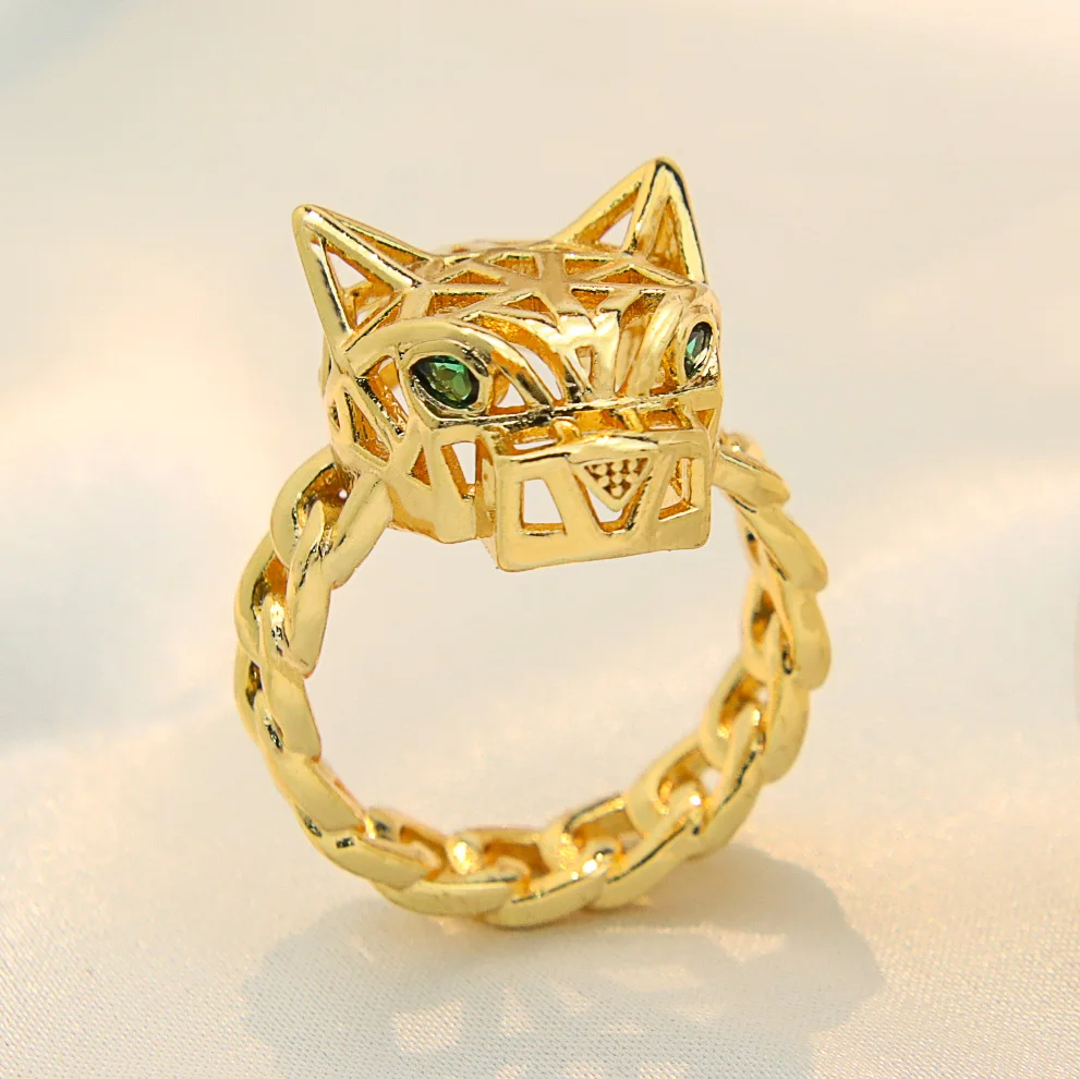 AYONG Punk Personality Leopard Rings 21k Gold Plated Green Eyes Panther Dubai Middle East Men\'s Rings Copper Jewelry