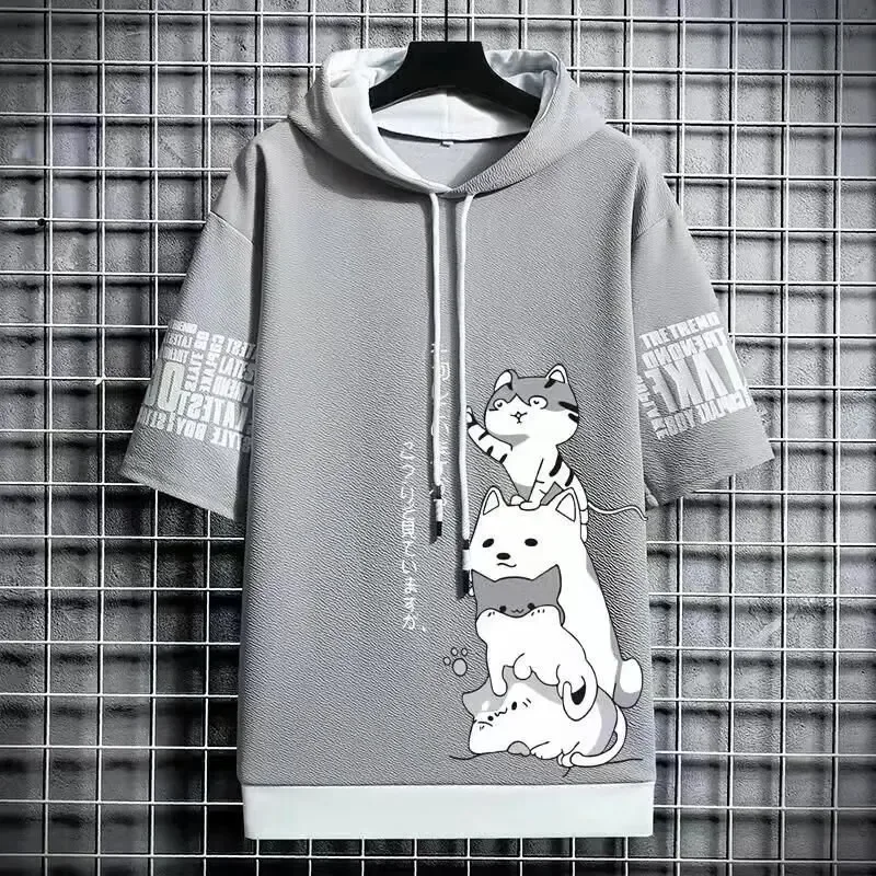 T Shirt for Men Hoodies Summer Sport Clothing Cat Casual T-shirt Harajuku Streetwear Print Hooded Top Short Sleeve Sweatshirts