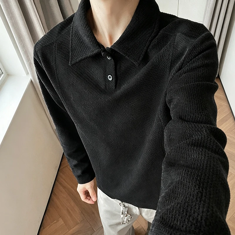 Herren-Poloshirt mit strukturierter Oberfläche, langen Ärmeln, Reverskragen, lockerer, übergroßer Passform, lässig, für den täglichen Gebrauch, einfarbig, modische Oberteile für Herren. – Detail 18
