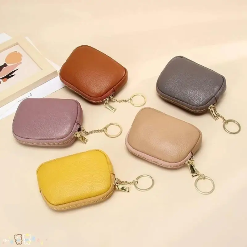Litchi Grain PU Leather Zipper Coin Purse With Key Ring Portable Storage Bag For Cash Card Lipstick Small Daily Item