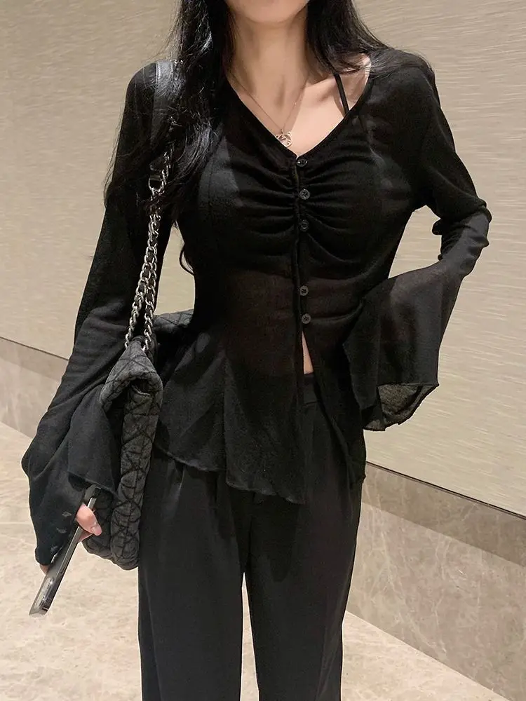 Pure Color Black Sun Protection Long Sleeve V-Neck Bell Sleeve Knitted Cardigan Women's Spring Thin Design Sense Chic Top